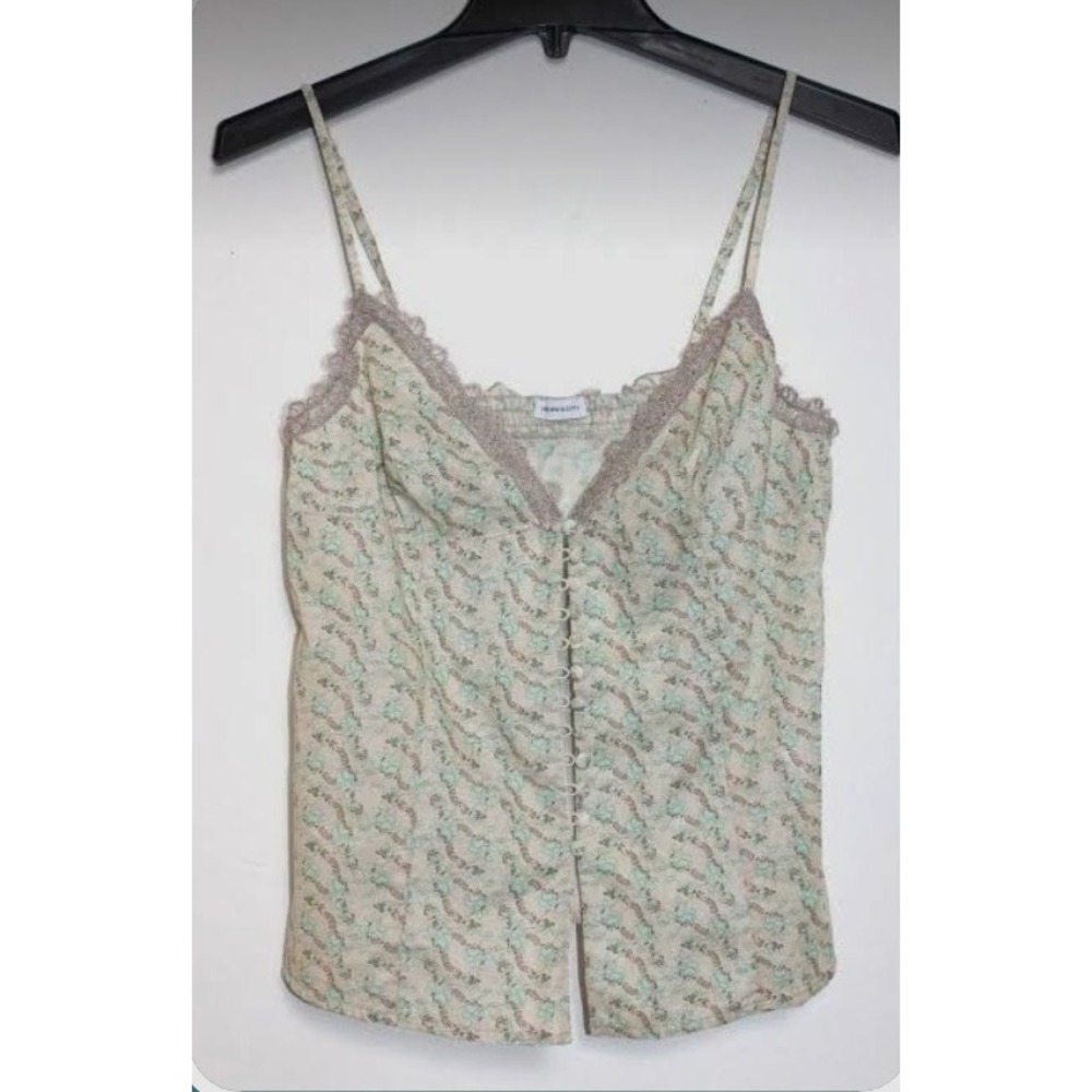 Intimissimi Floral Lace Trim Camisole Top Small Green Tan Button Front Smocked